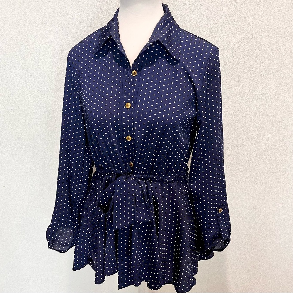 SOHO GIRLS Peplum Tie Waist Top S Navy White Polka Dot Button Up Career Casual